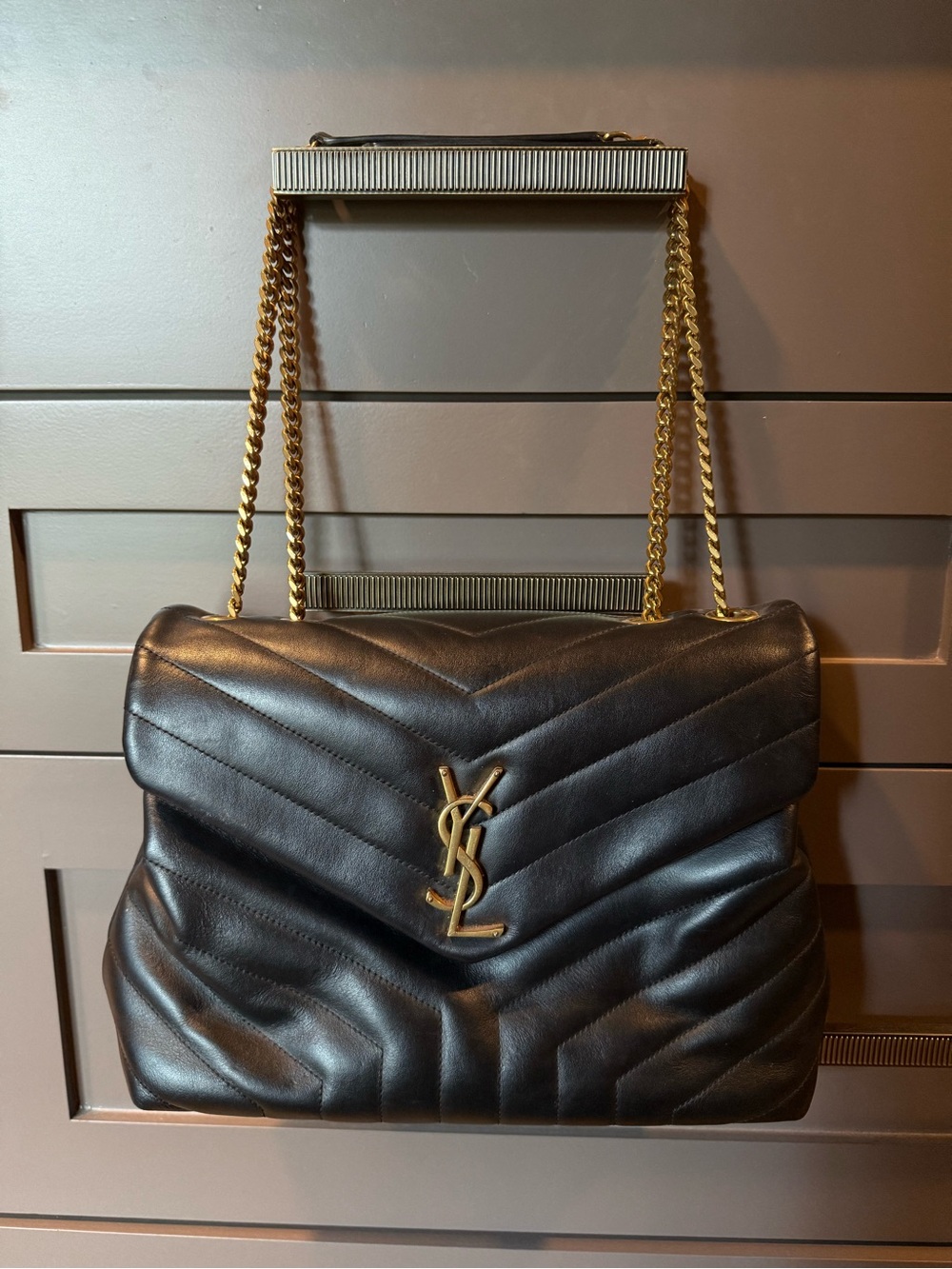 Saint Laurent Black Chevron Quilted YSL Chain Shoulder Bag